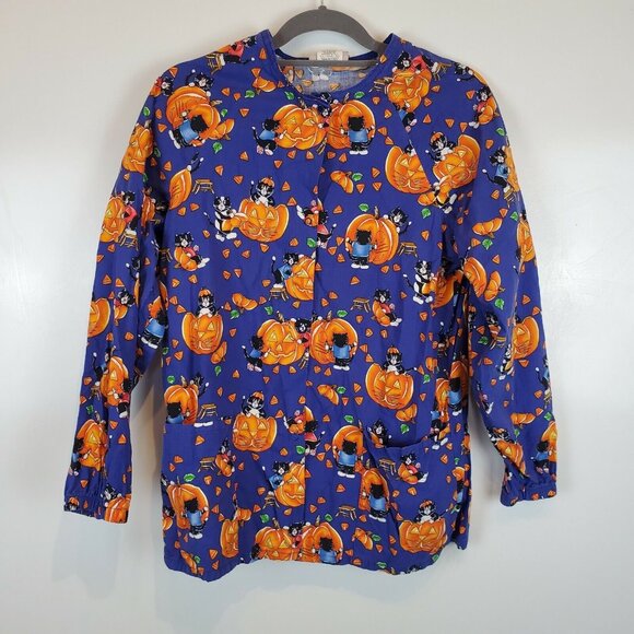 WS GEAR Scrub Top Dental medical Nurse Halloween Orange Purple Pumpkins Sz S - Picture 1 of 9